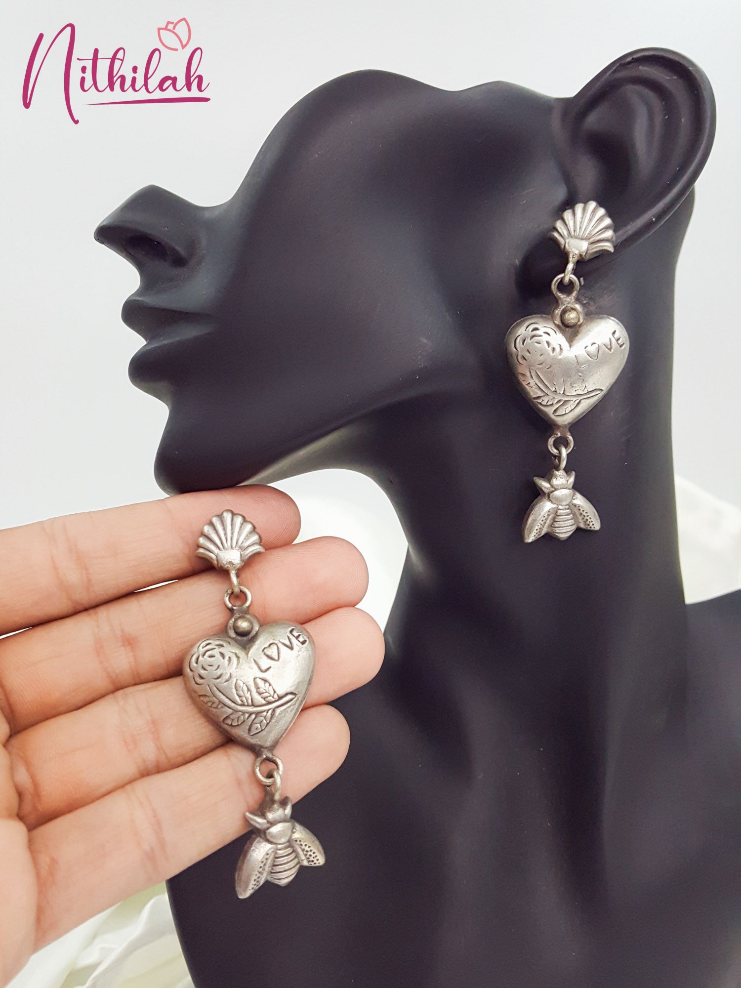 Heart Shape Long Oxidised Earrings