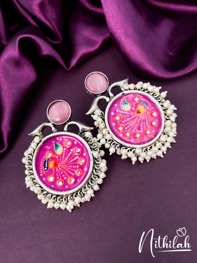 Meenakari Pink Stone Handmade Oxidised Earrings