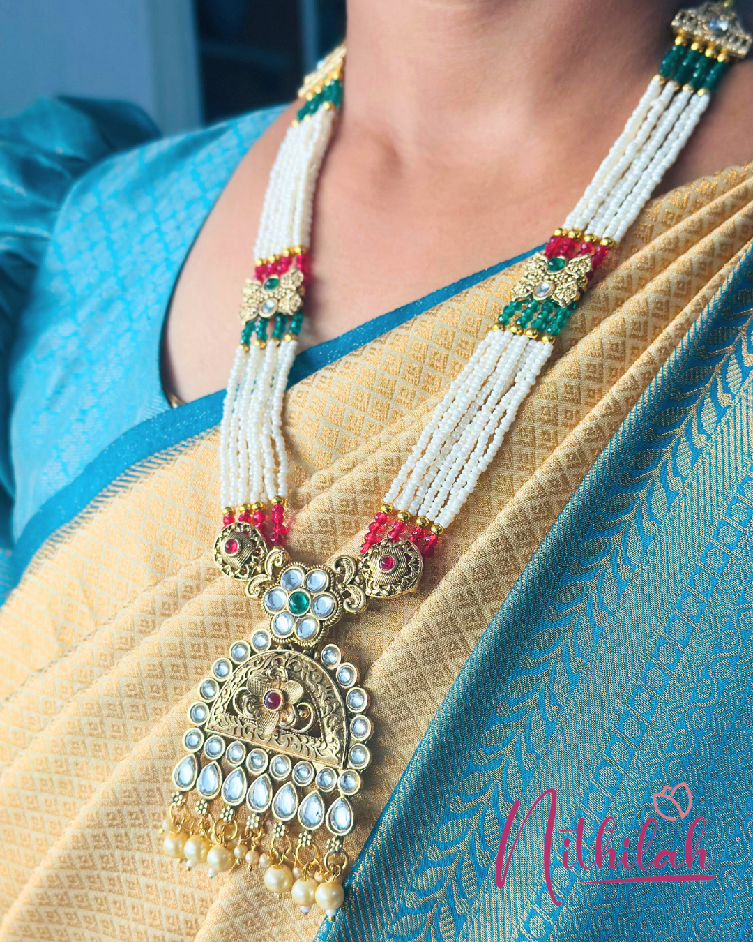 Multi-strand Pearl Haaram  with Kundan Pendant