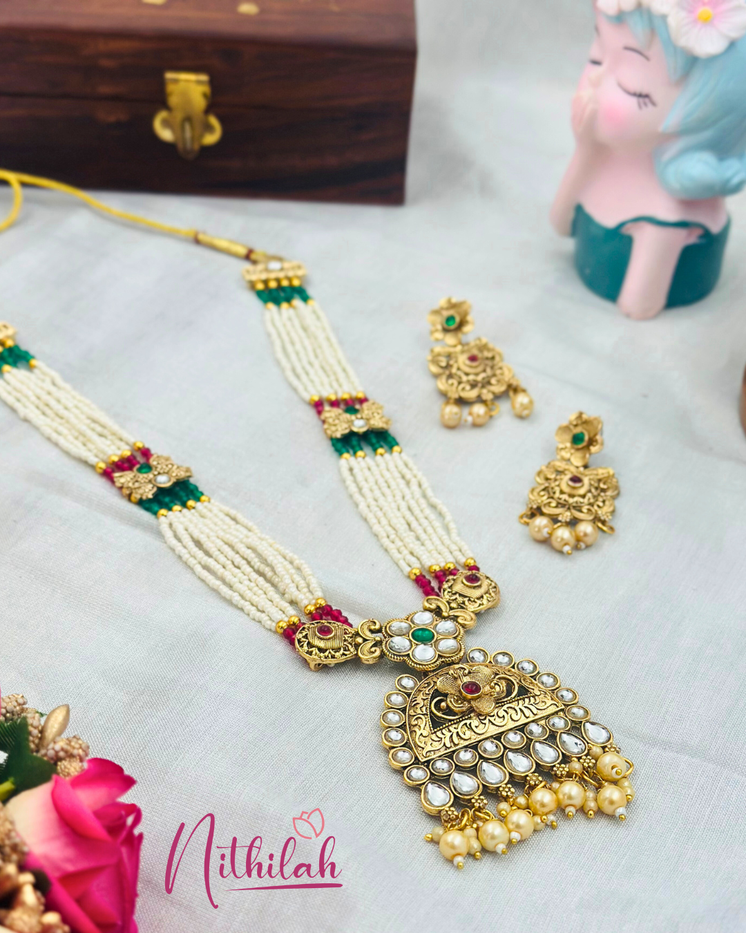 Multi-strand Pearl Haaram  with Kundan Pendant