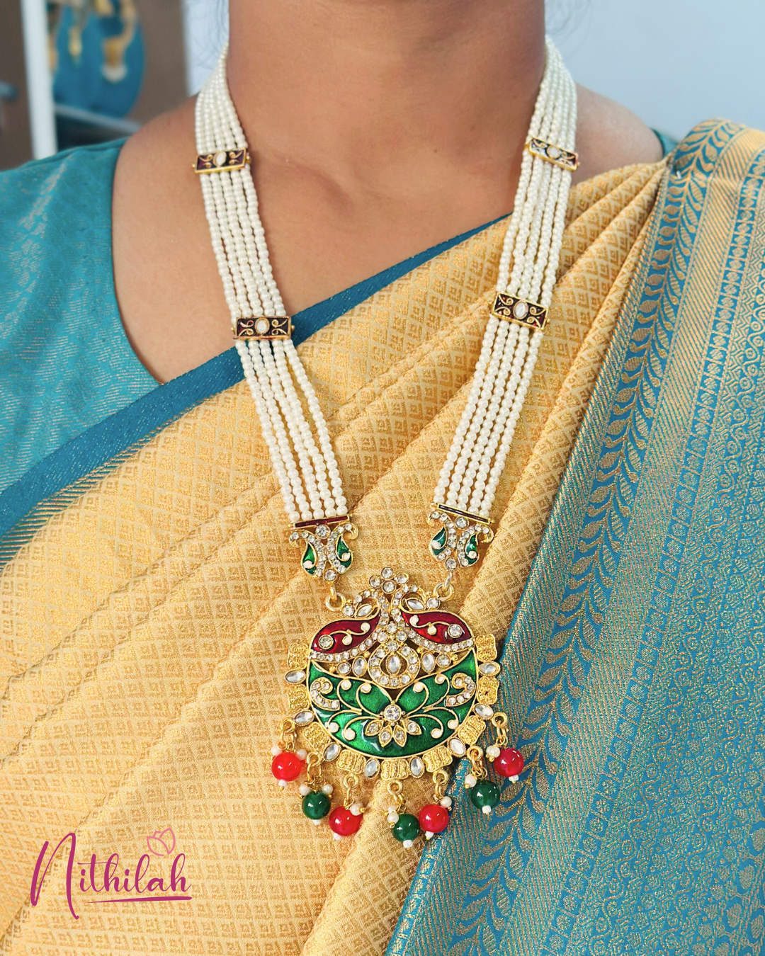 Pearl Rani Haaram Necklace with a Kundan and Meenakari Work Pendant