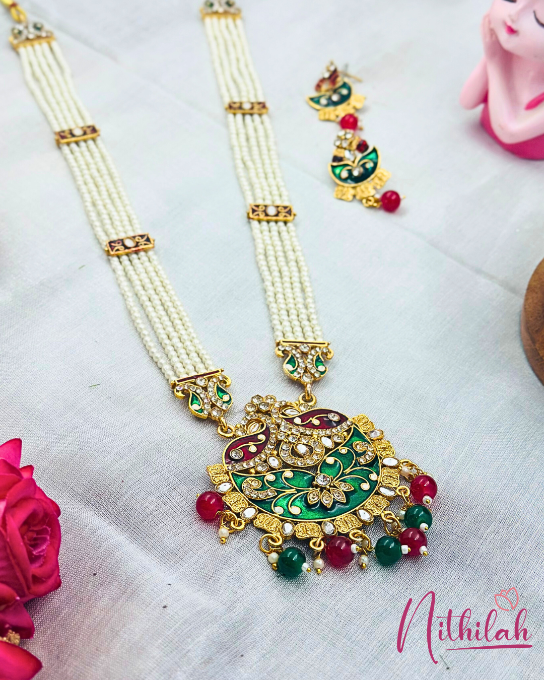 Pearl Rani Haaram Necklace with a Kundan and Meenakari Work Pendant