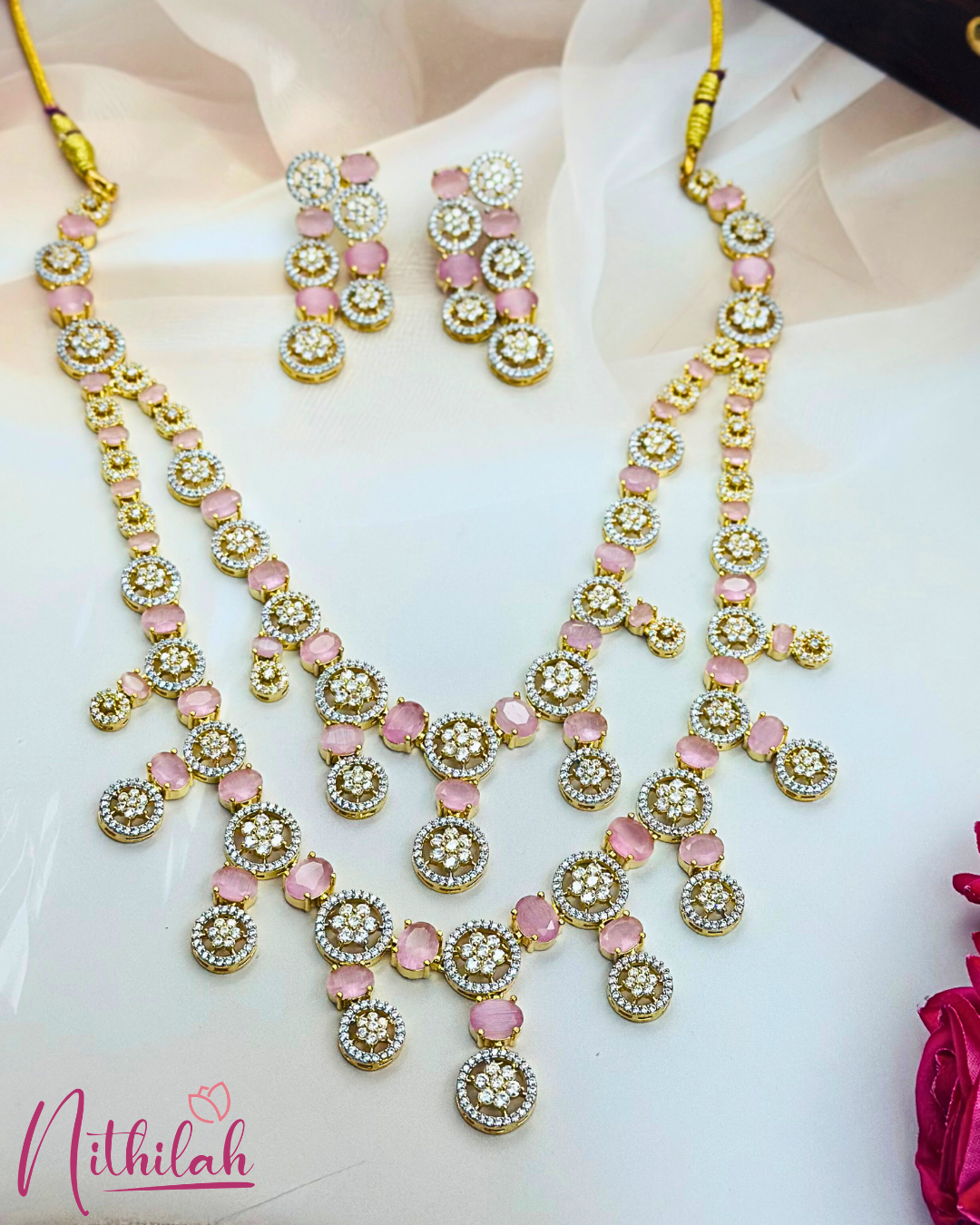 Pink AD Layered Necklace with Gold Finish