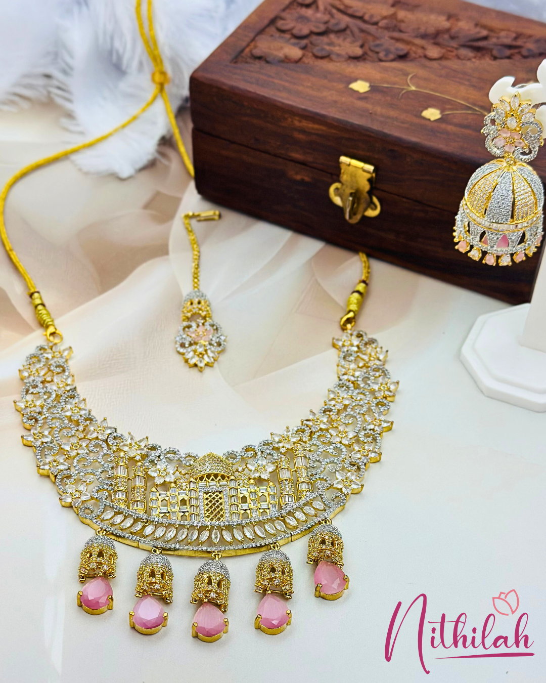 Taj Mahal Necklace set with Pink Monalisa AD