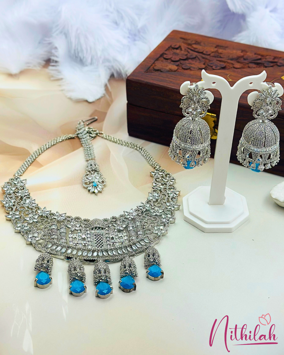 Taj Mahal Necklace set with Zircons and aqua gem stone drops