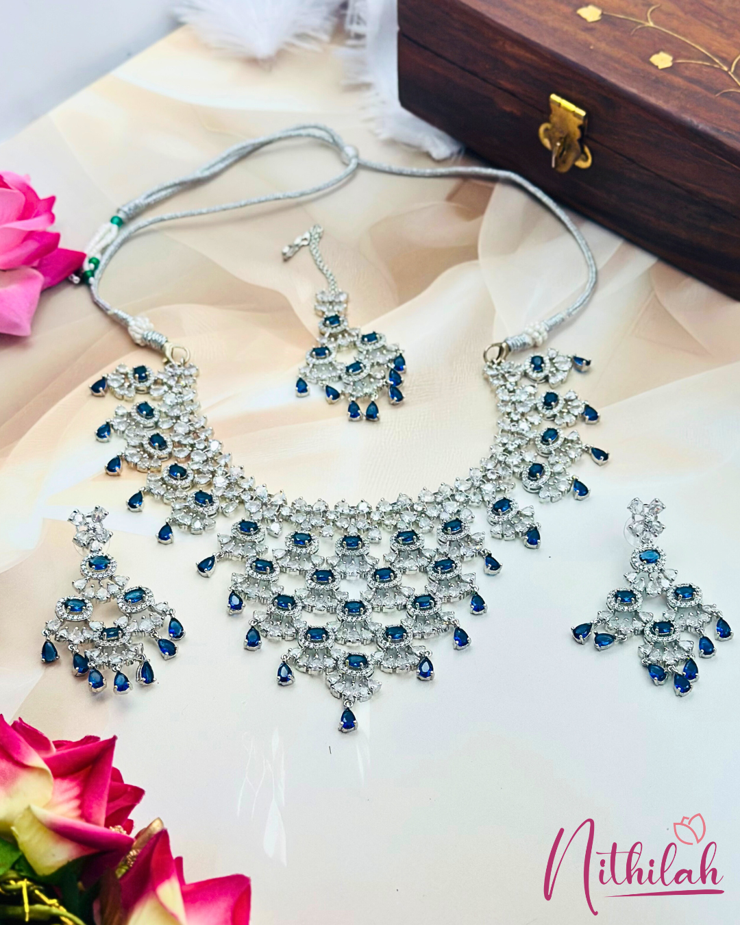Luxurious Sapphire AD Necklace Set with Floral and Drop Design