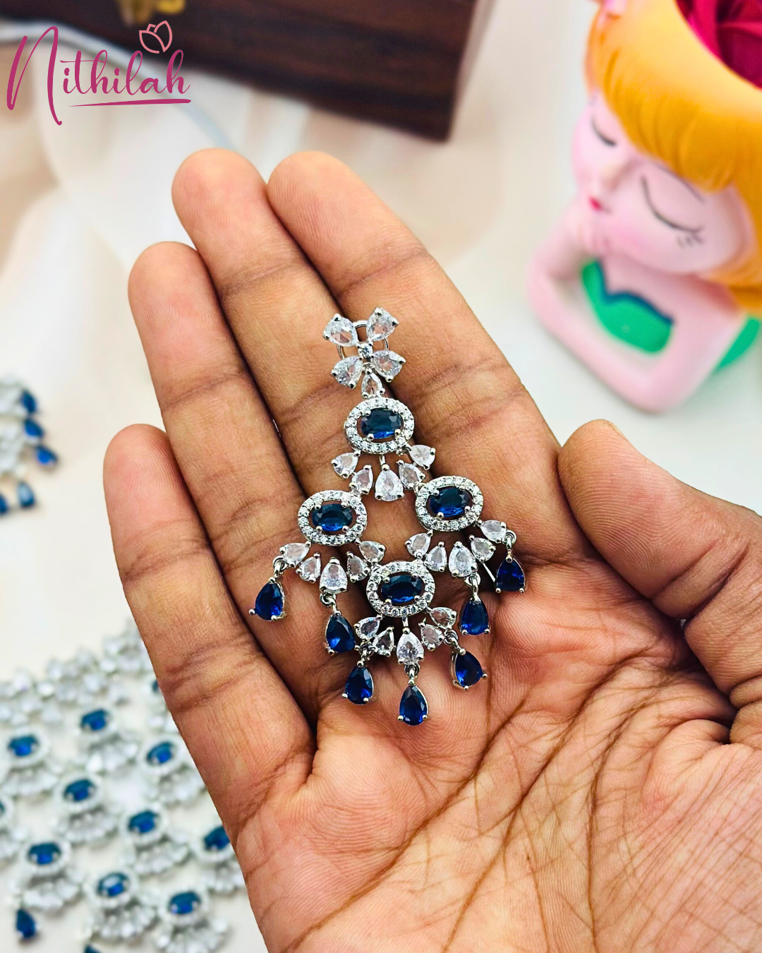 Luxurious Sapphire AD Necklace Set with Floral and Drop Design