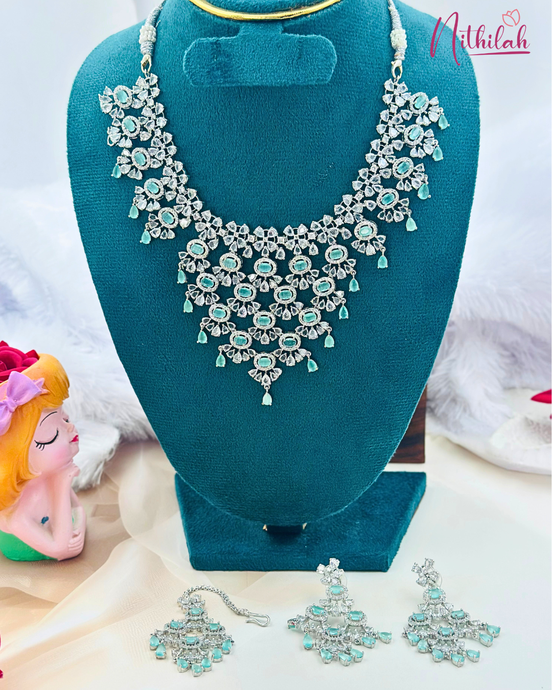 Mint Green American Diamond Necklace Set