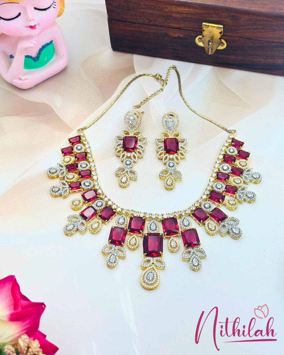 Ruby Colour Gold Plated AD Necklace