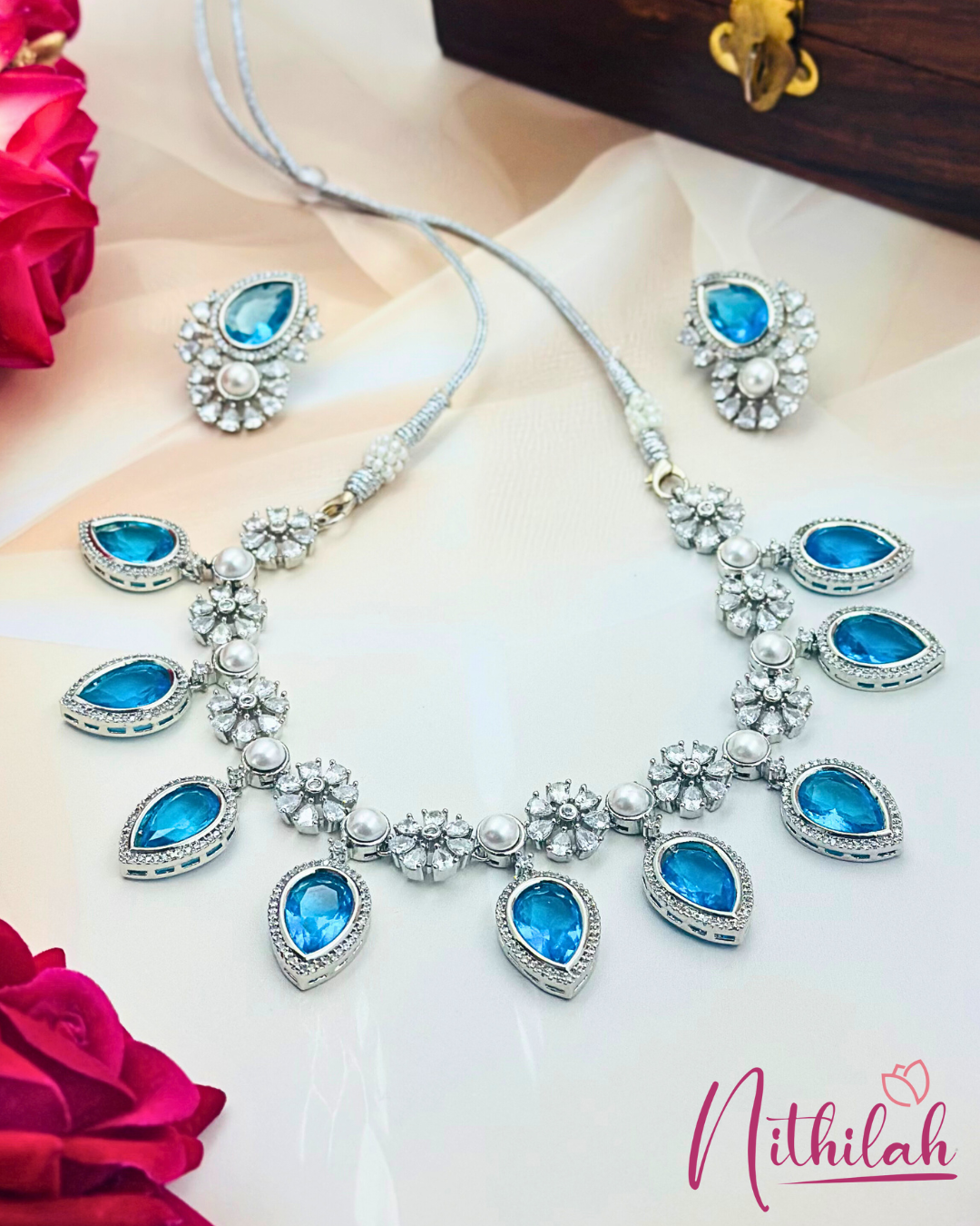 Silver Plated tear drop Blue AD Necklace