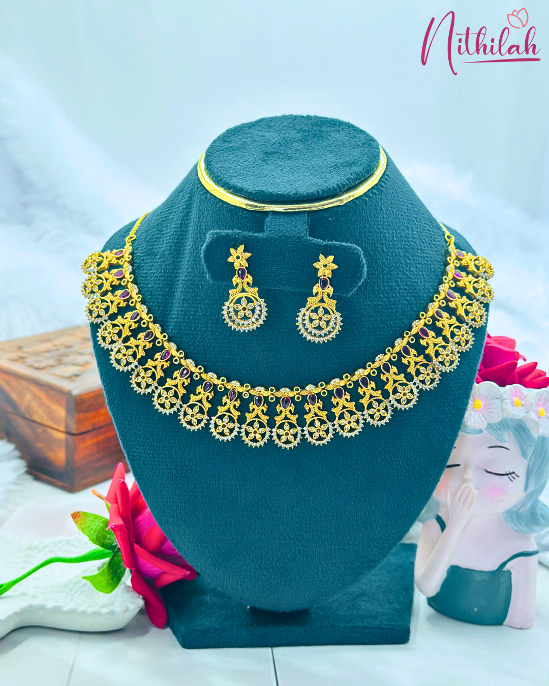 Matte Kasu Flower AD Necklace Design Golden