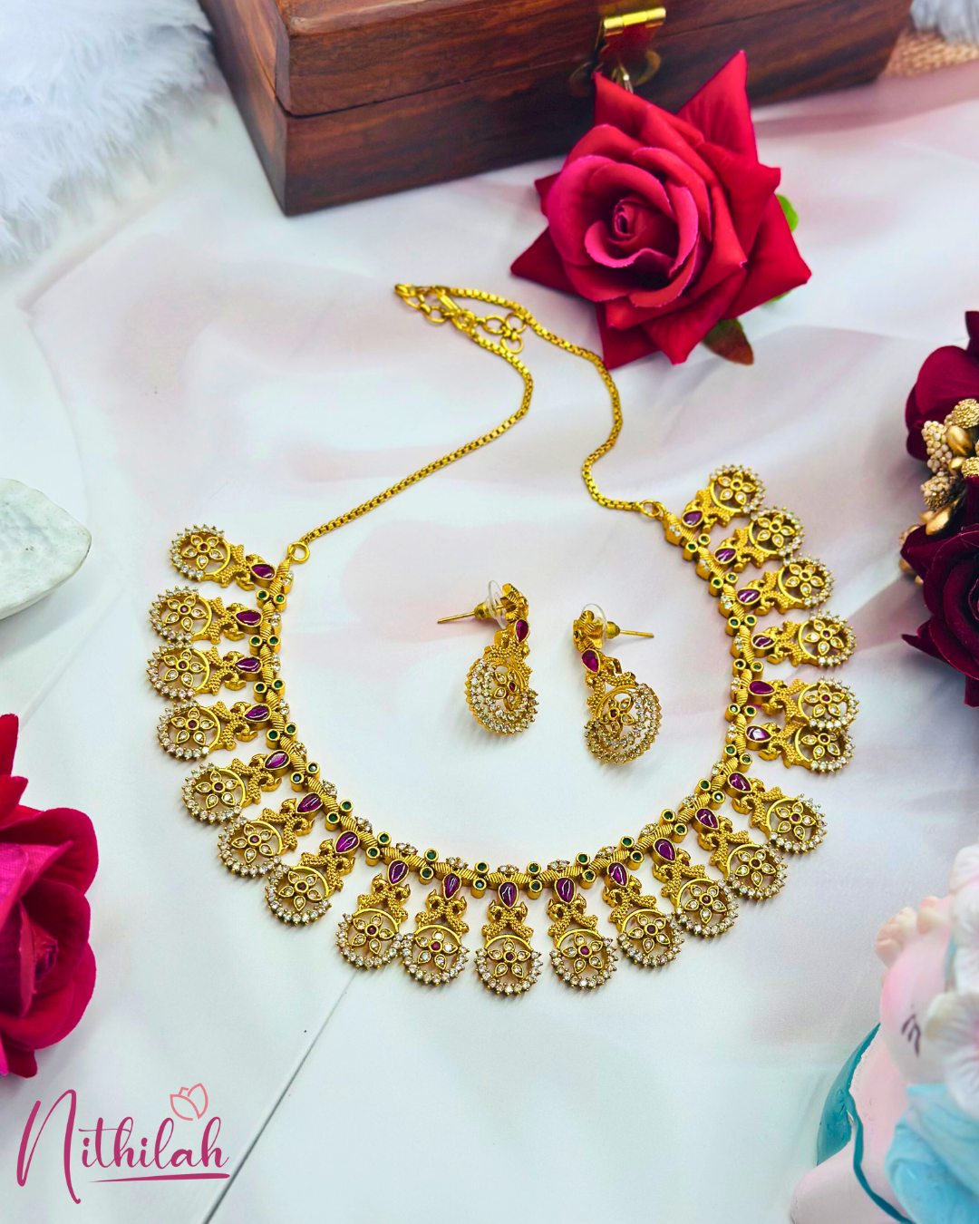 Matte Kasu Flower AD Necklace Design Golden