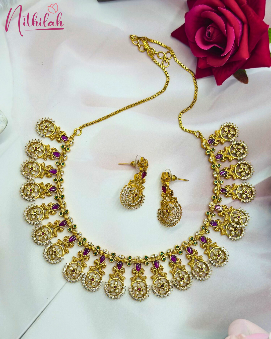 Matte Kasu Flower AD Necklace Design Golden