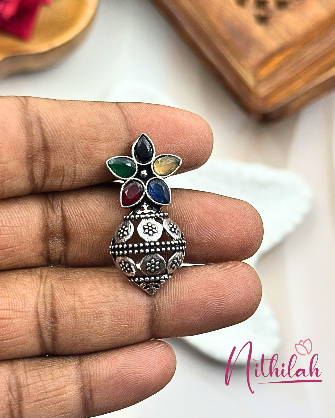 Kalash design Oxidised Silver Stud