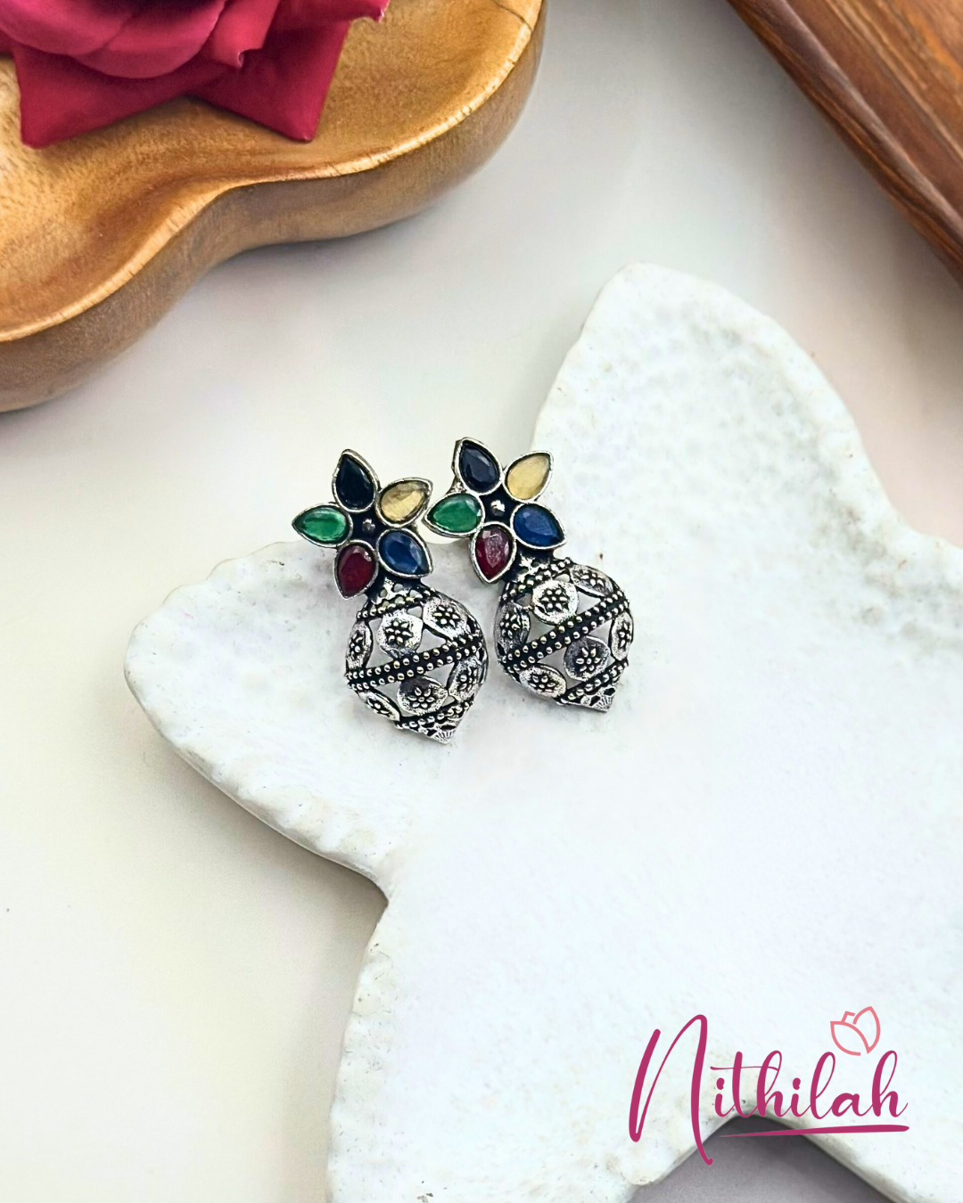 Kalash design Oxidised Silver Stud