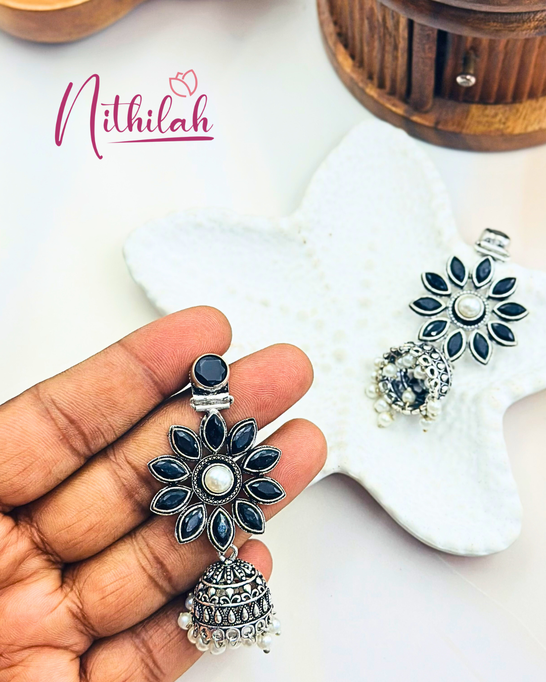 Oxidised Silver Flower Jhumka