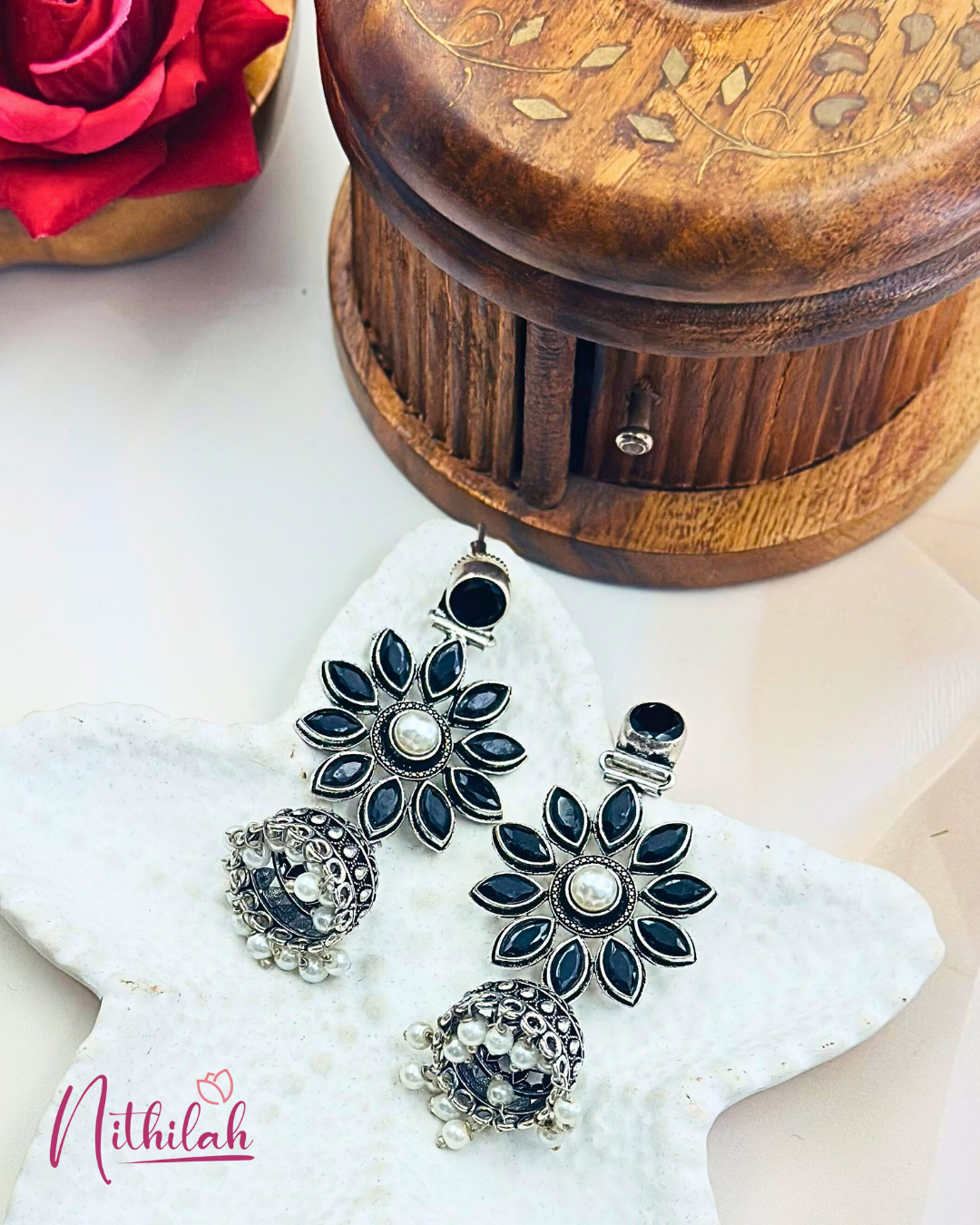 Oxidised Silver Flower Jhumka