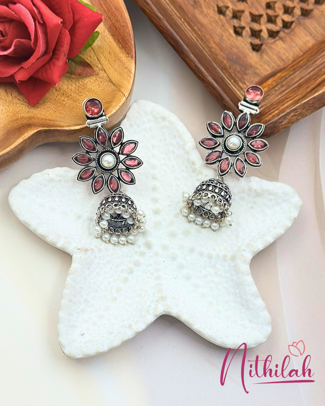 Oxidised Silver Flower Jhumka