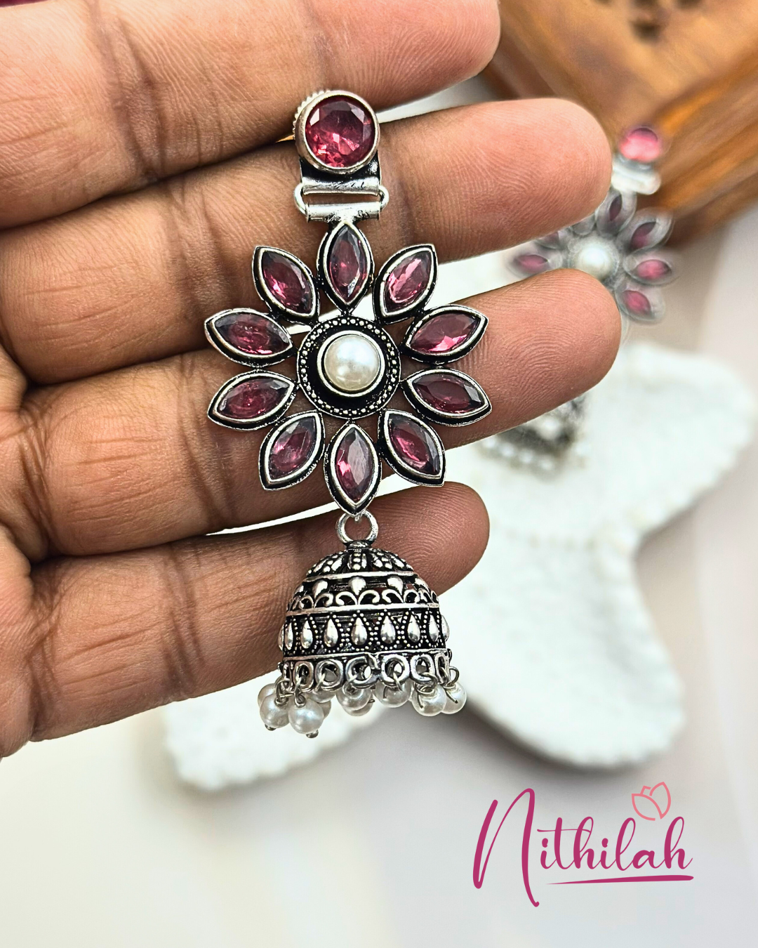 Oxidised Silver Flower Jhumka