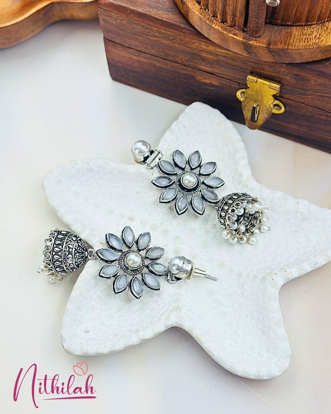 Oxidised Silver Flower Jhumka