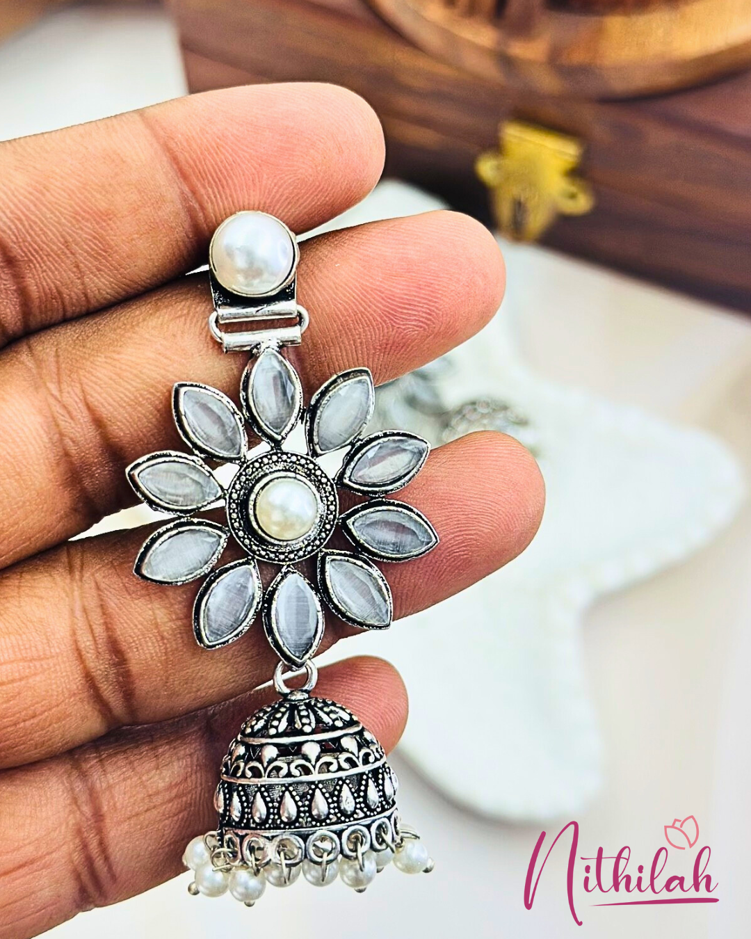 Oxidised Silver Flower Jhumka
