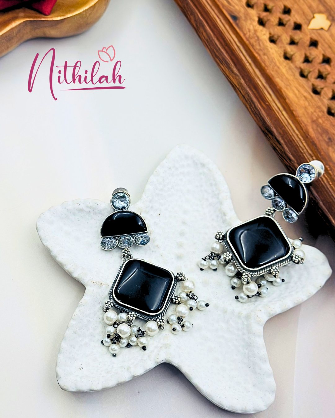 Oxidized silver Earrings with Stones and pearl drops