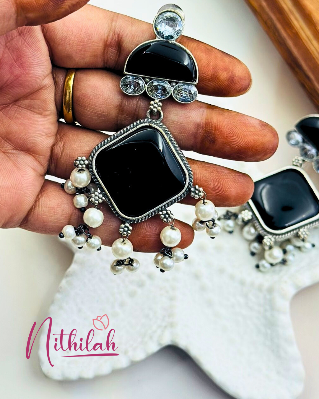 Oxidized silver Earrings with Stones and pearl drops