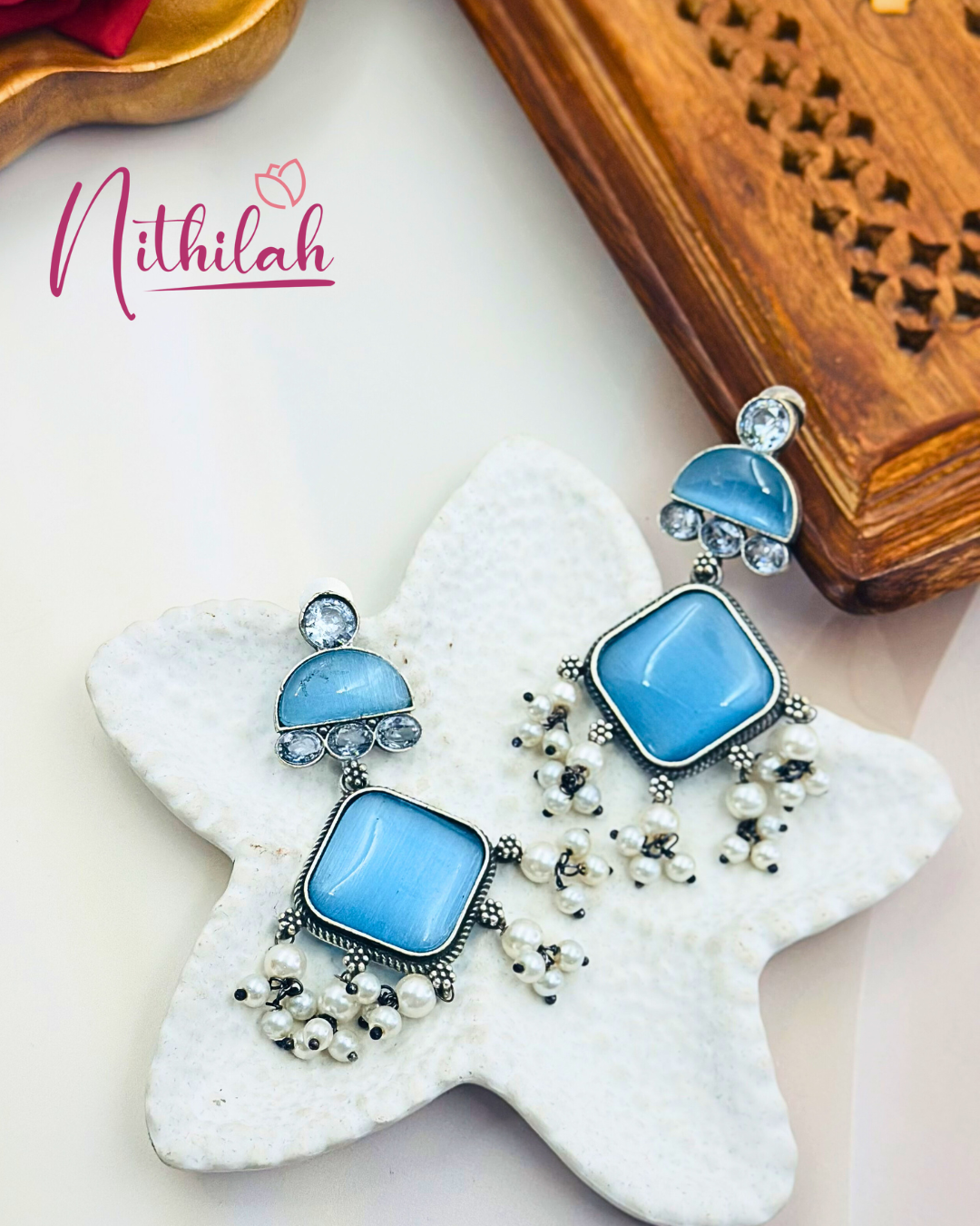 Oxidized silver Earrings with Stones and pearl drops