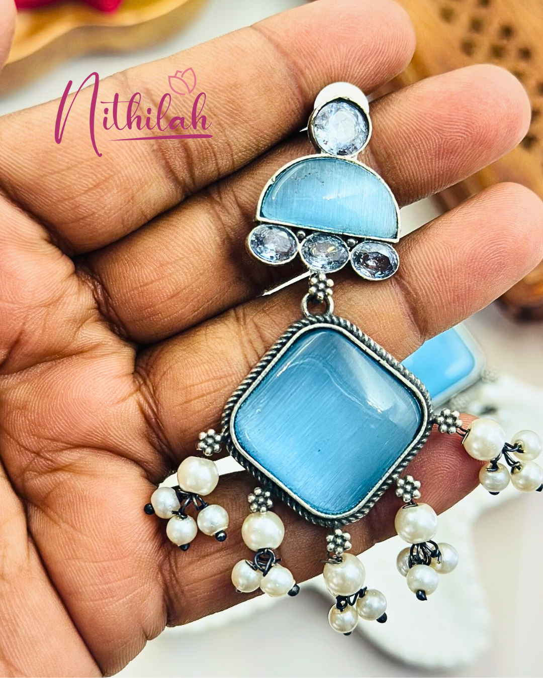 Oxidized silver Earrings with Stones and pearl drops