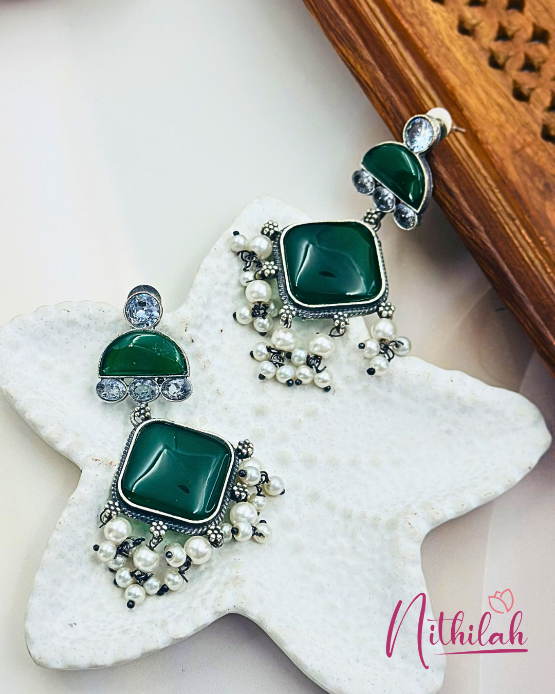 Oxidized silver Earrings with Stones and pearl drops