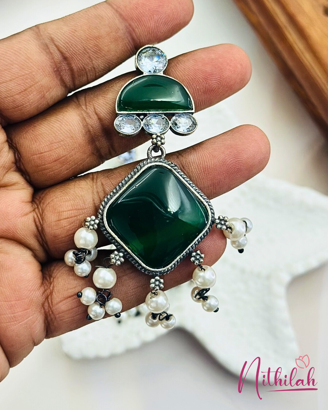 Oxidized silver Earrings with Stones and pearl drops