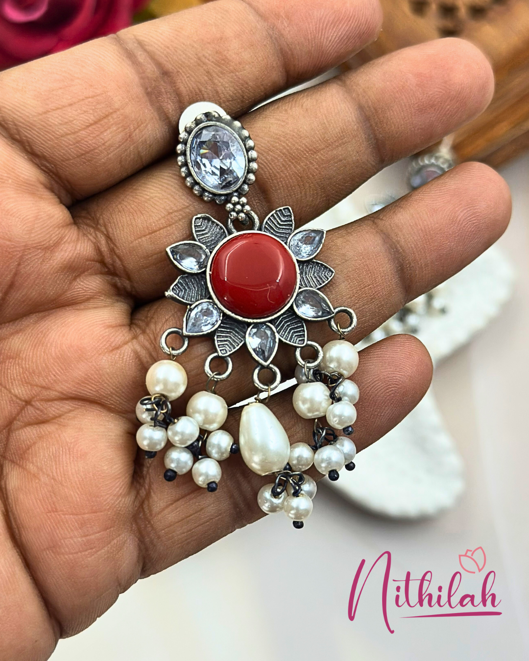 Oxidised Silver-Plated Dangler Earring with Monalisa Stone