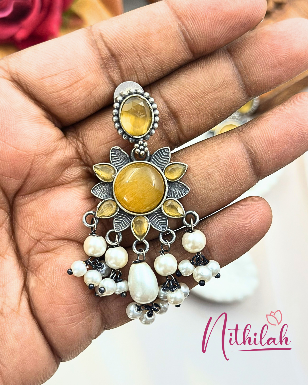 Oxidised Silver-Plated Dangler Earring with Monalisa Stone