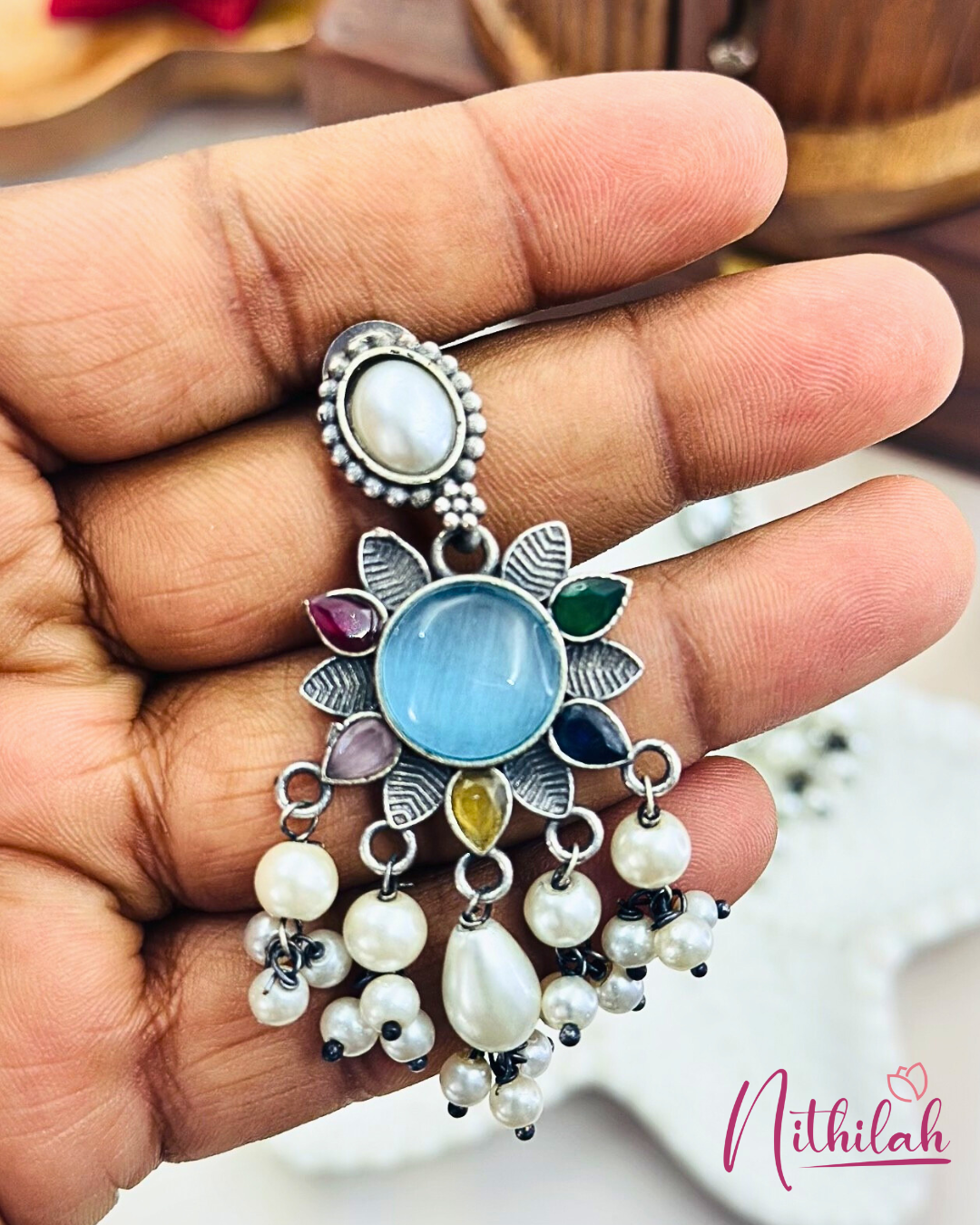 Oxidised Silver-Plated Dangler Earring with Monalisa Stone