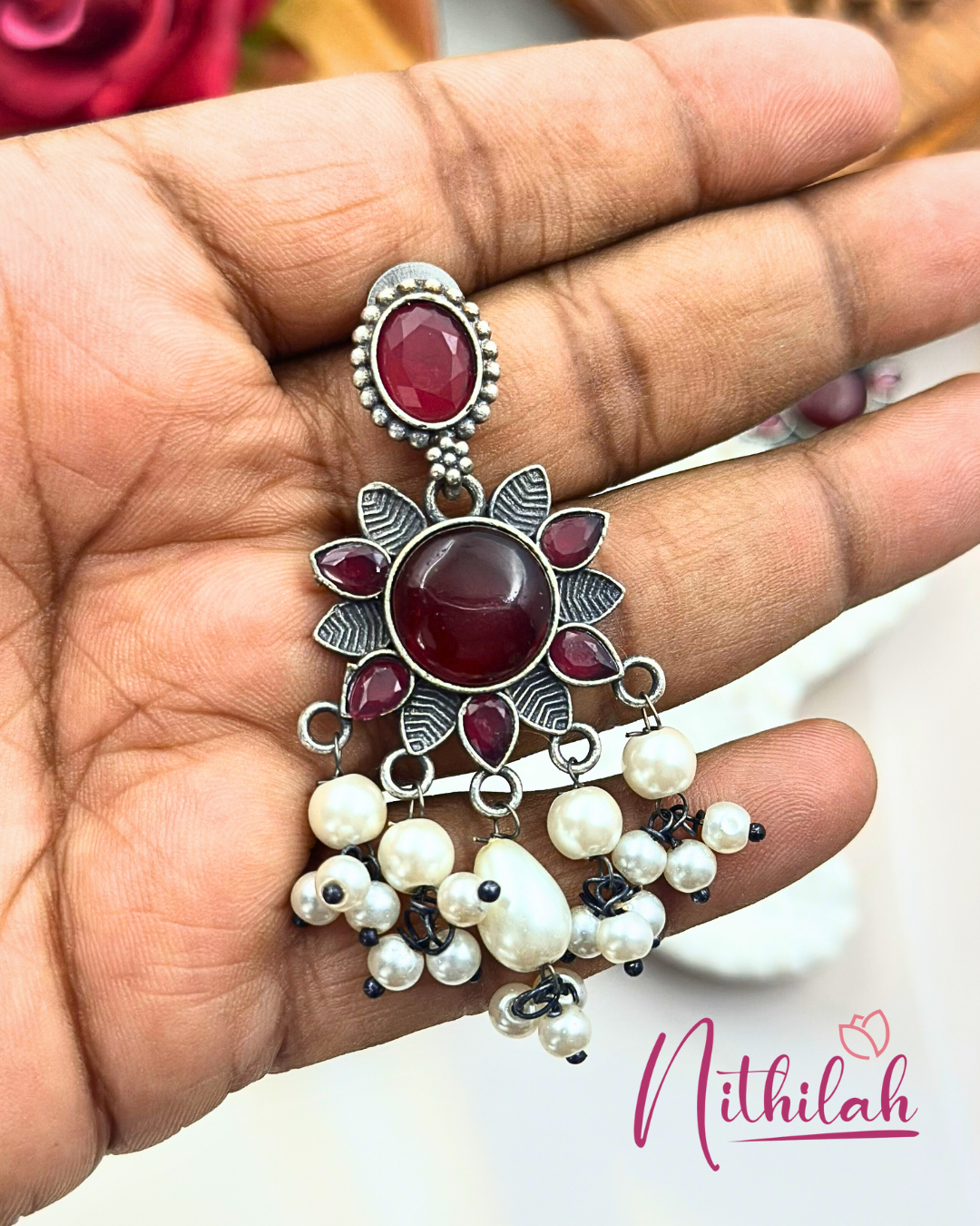 Oxidised Silver-Plated Dangler Earring with Monalisa Stone