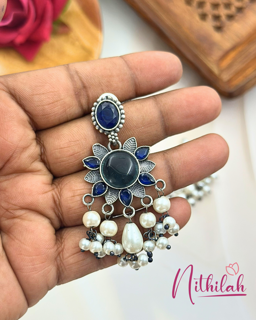 Oxidised Silver-Plated Dangler Earring with Monalisa Stone