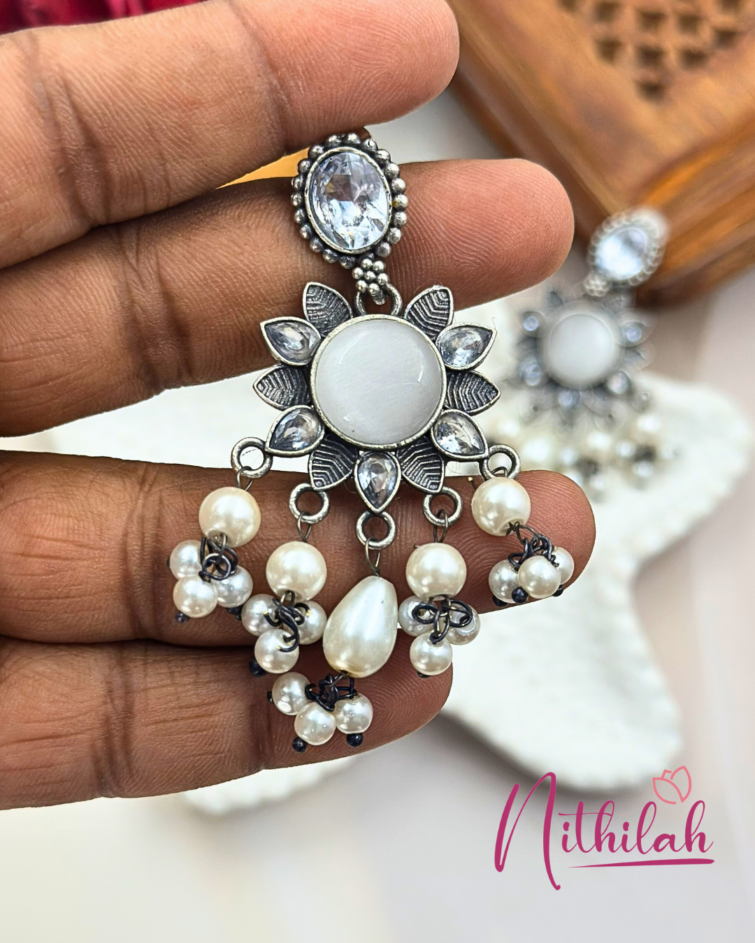 Oxidised Silver-Plated Dangler Earring with Monalisa Stone