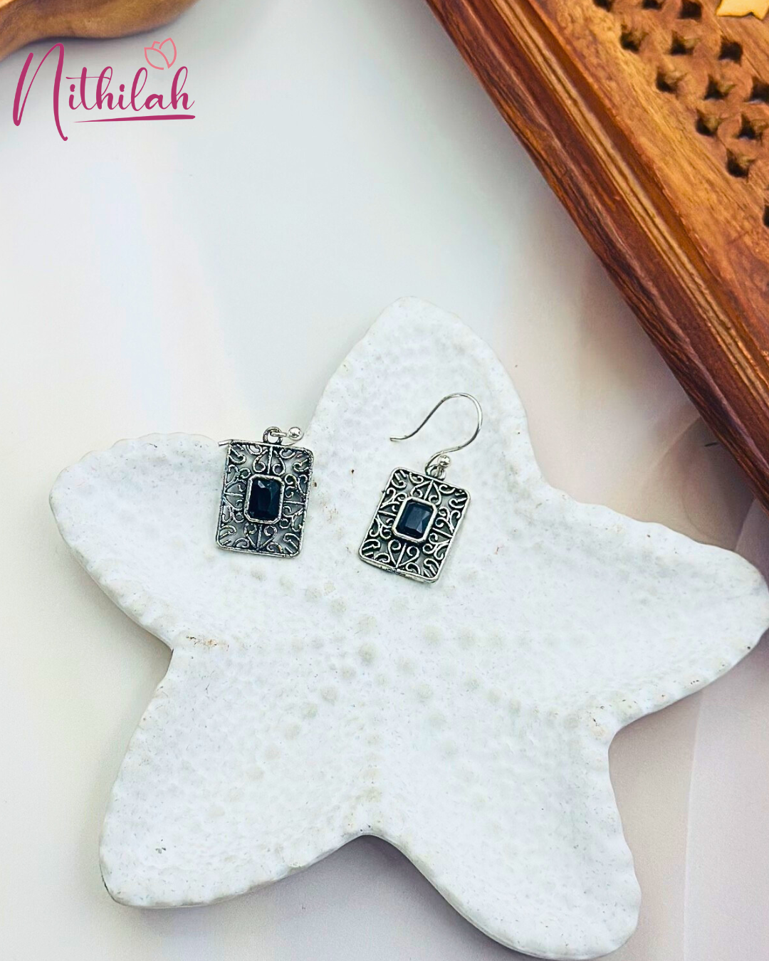 Oxidised Silver Rectangular Drop Earring