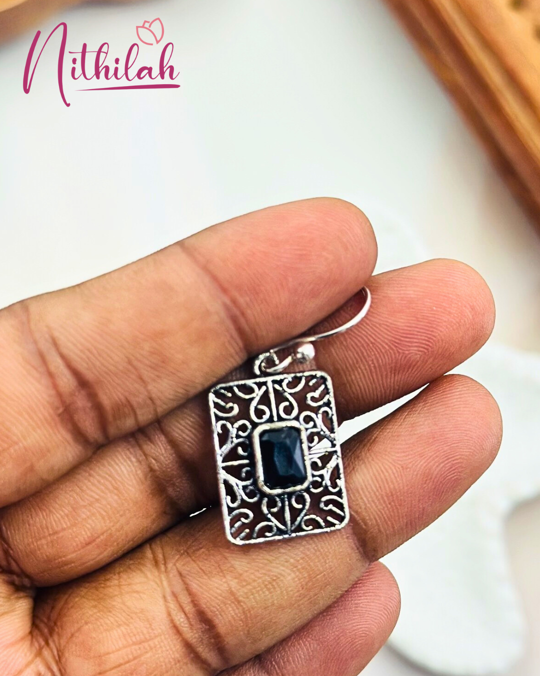 Oxidised Silver Rectangular Drop Earring