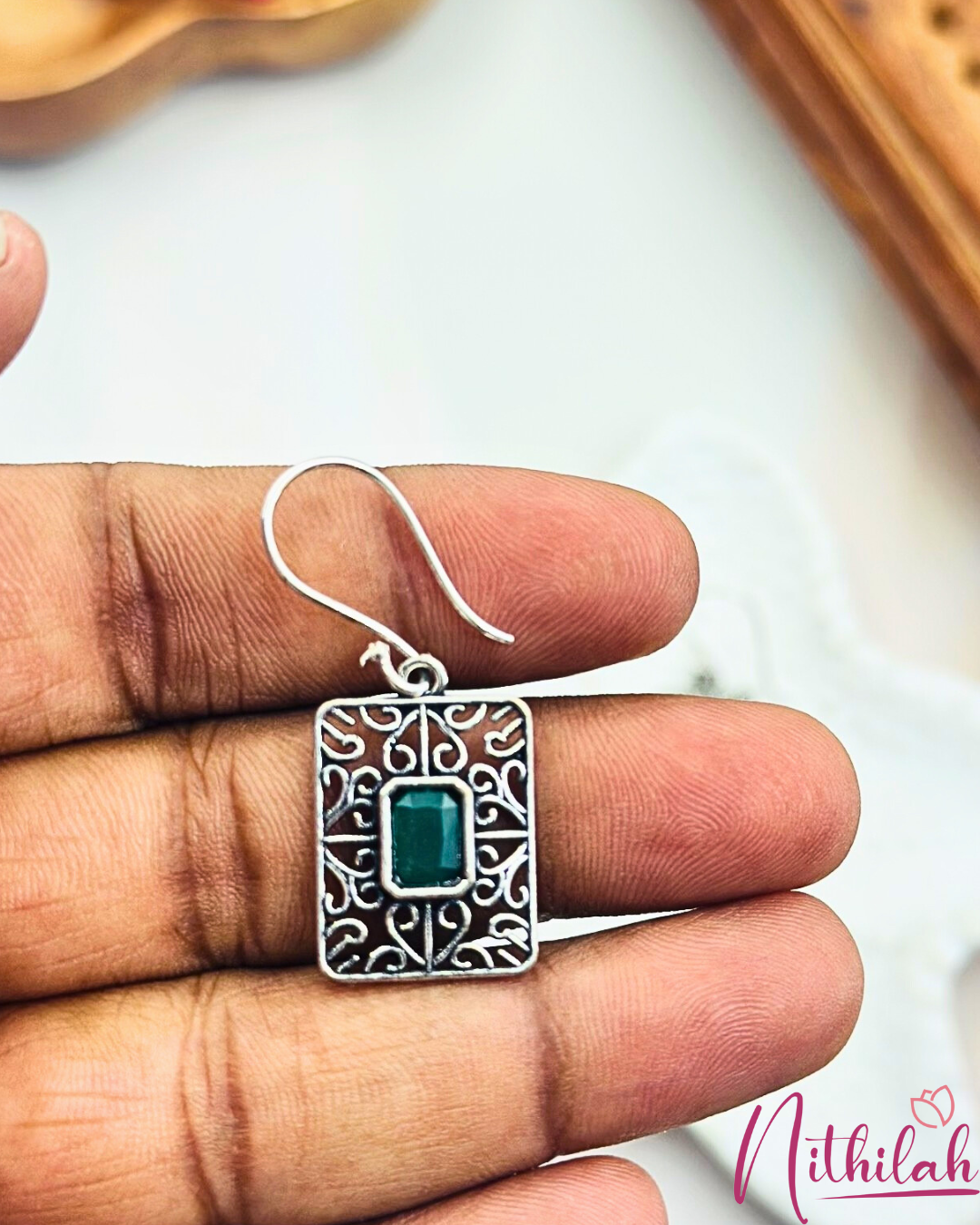 Oxidised Silver Rectangular Drop Earring