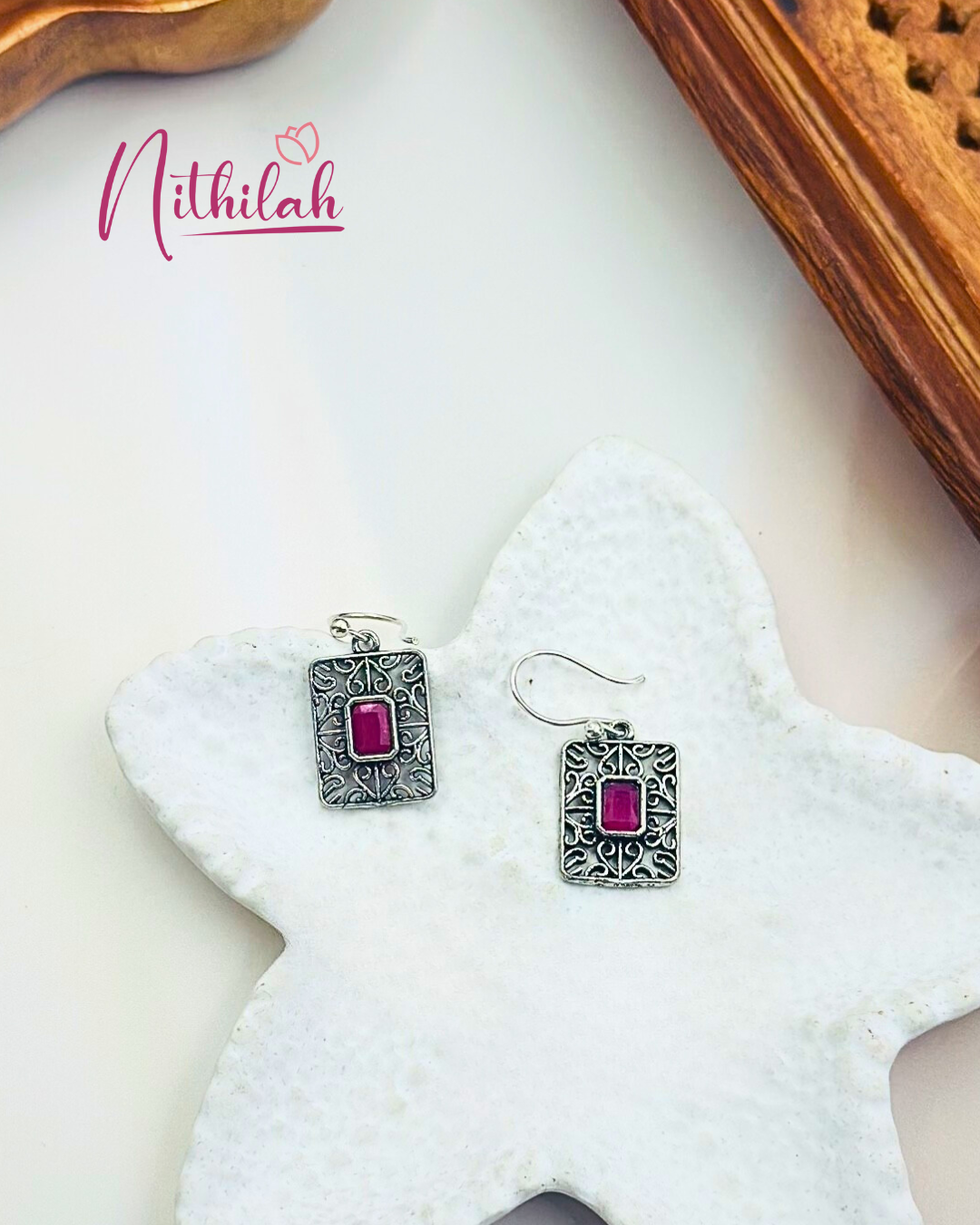 Oxidised Silver Rectangular Drop Earring