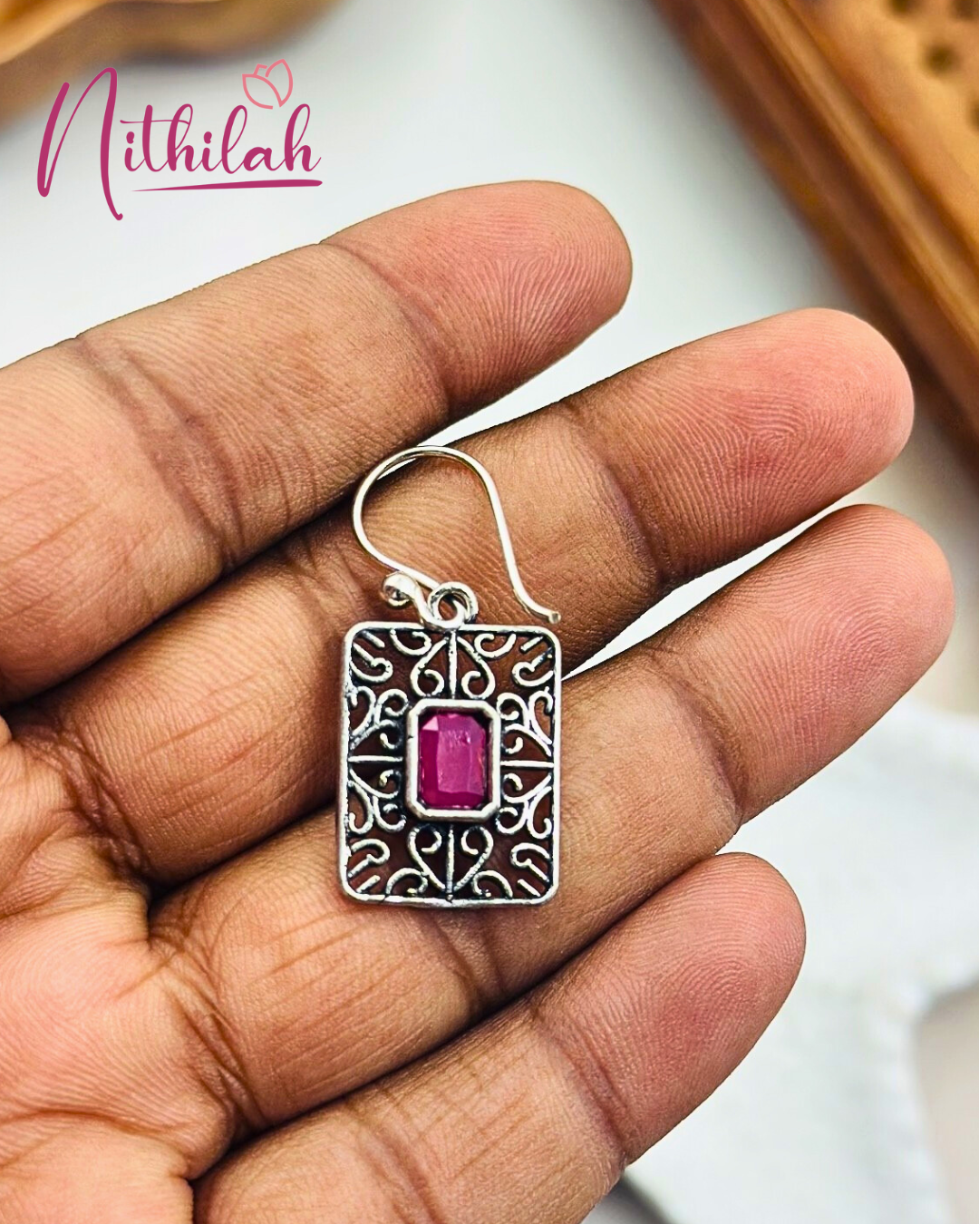 Oxidised Silver Rectangular Drop Earring