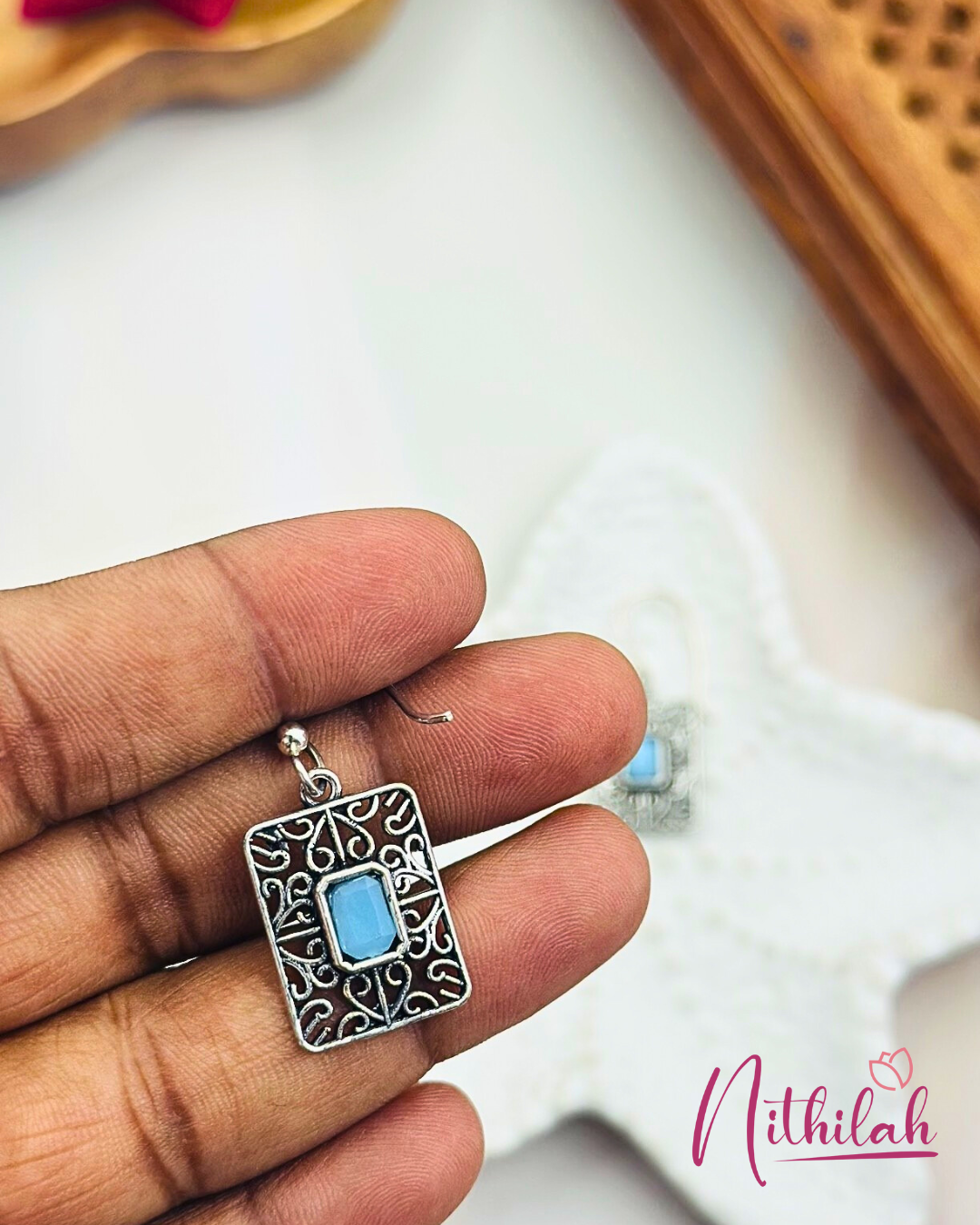 Oxidised Silver Rectangular Drop Earring