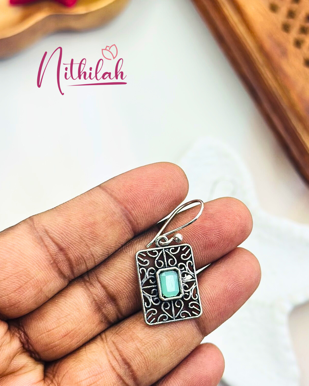 Oxidised Silver Rectangular Drop Earring