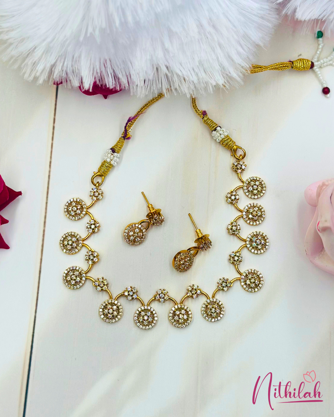 Gold Plated Round CZ Stone Statement Necklace Set for Women