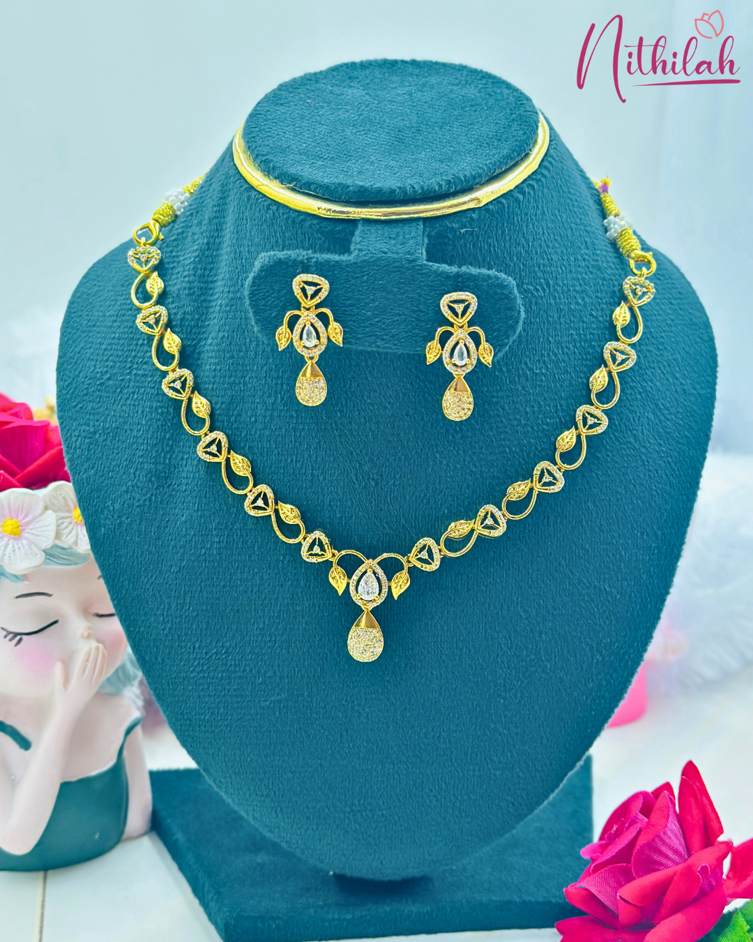 Gold Plated CZ Leaf Design Necklace Set