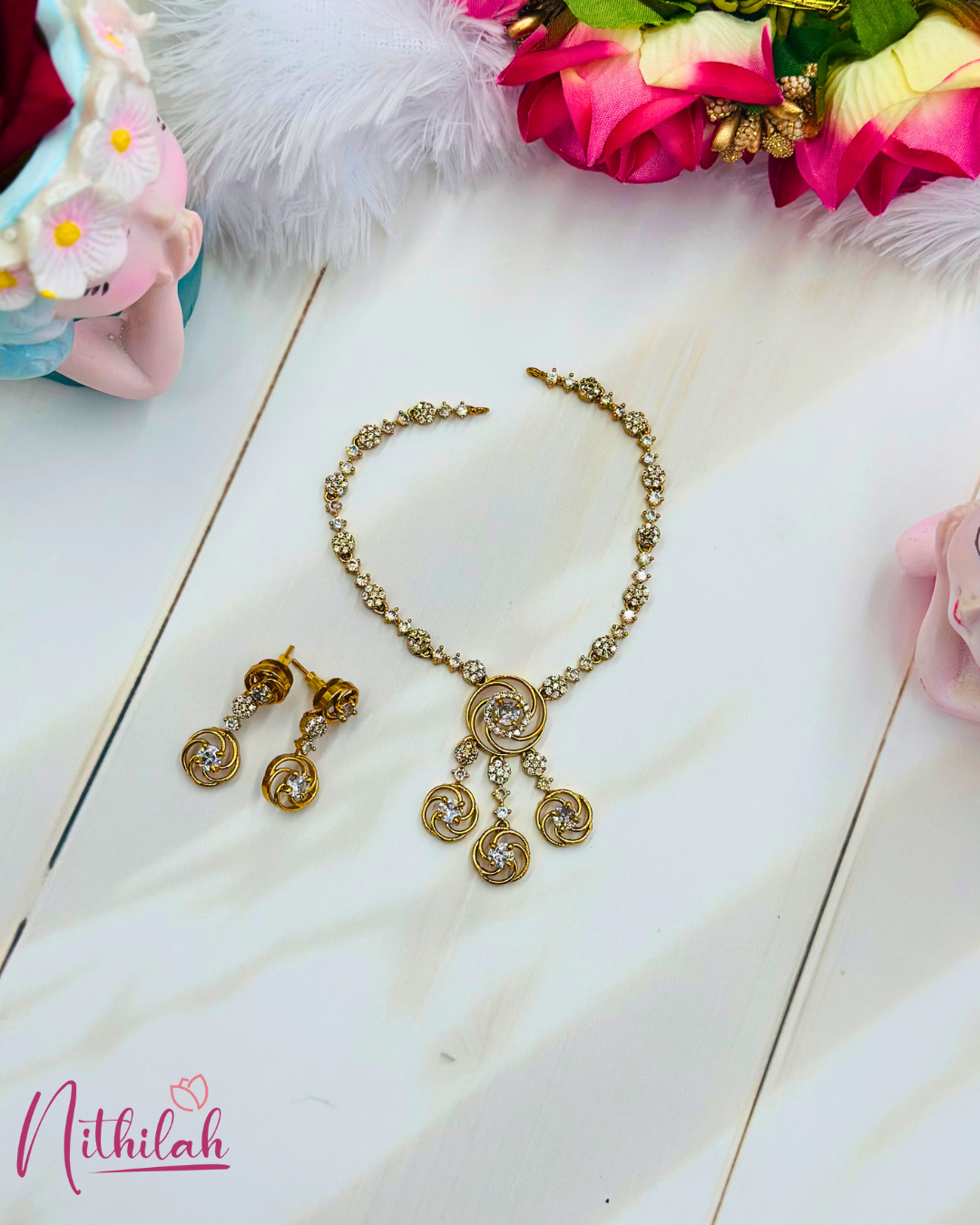 Gold Plated AD Pendant Necklace Set for Women
