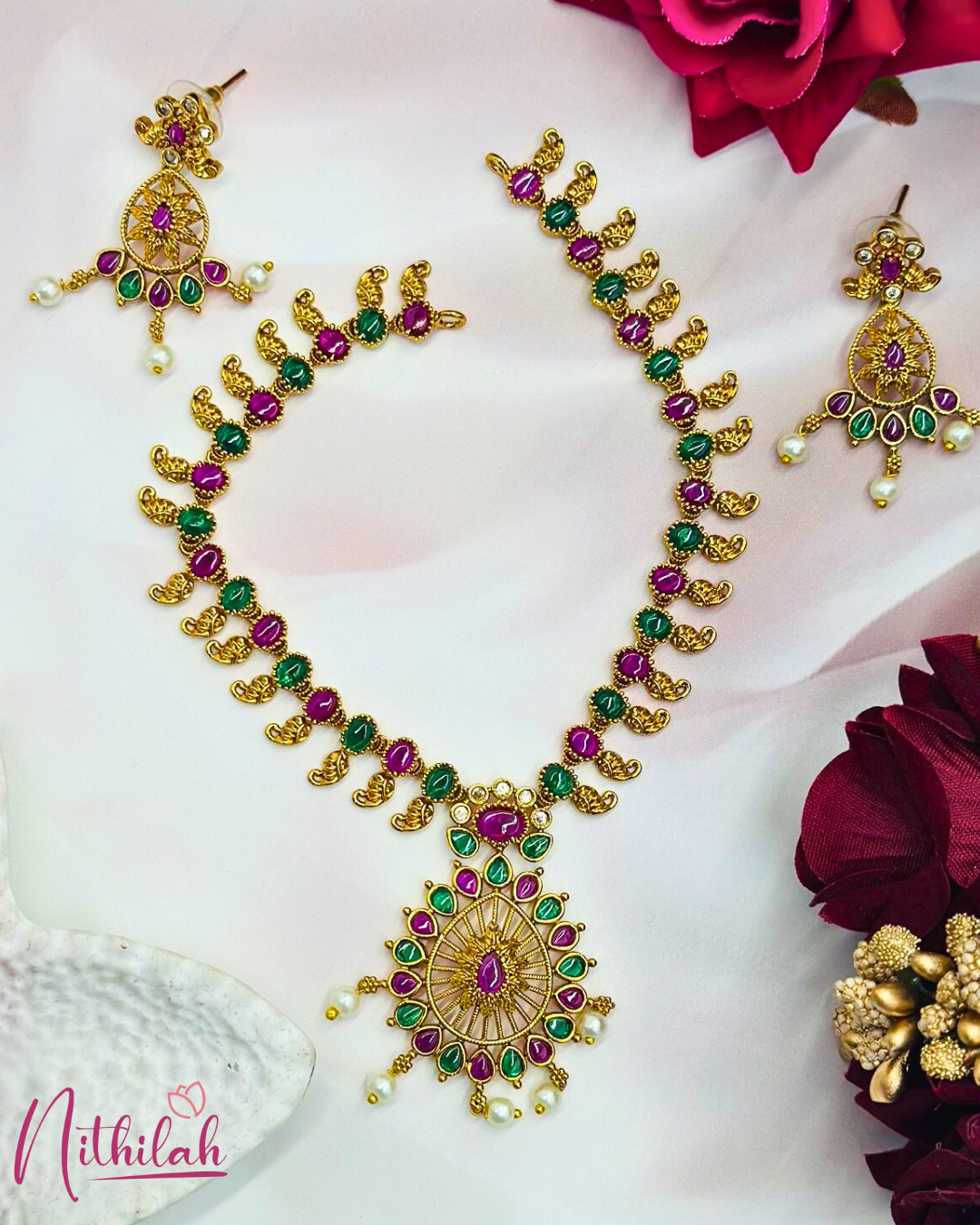 Gold Plated Ruby Green Temple Necklace Set with Pearl Drops