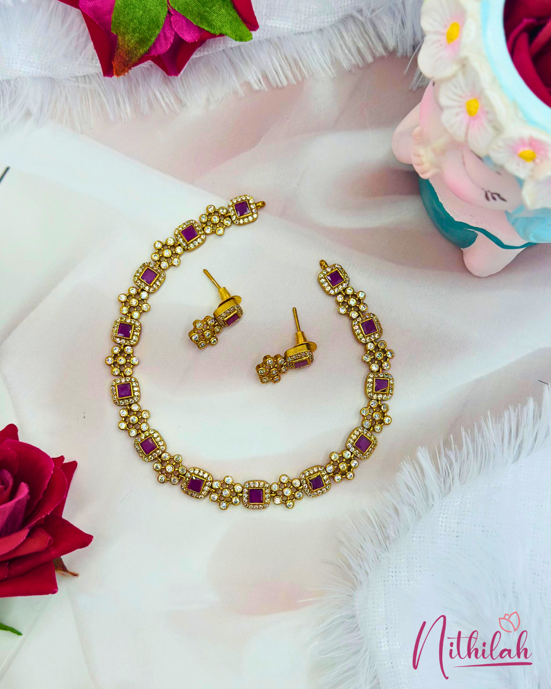 Gold Plated Ruby Pink Square Stone AD Necklace Set for Women