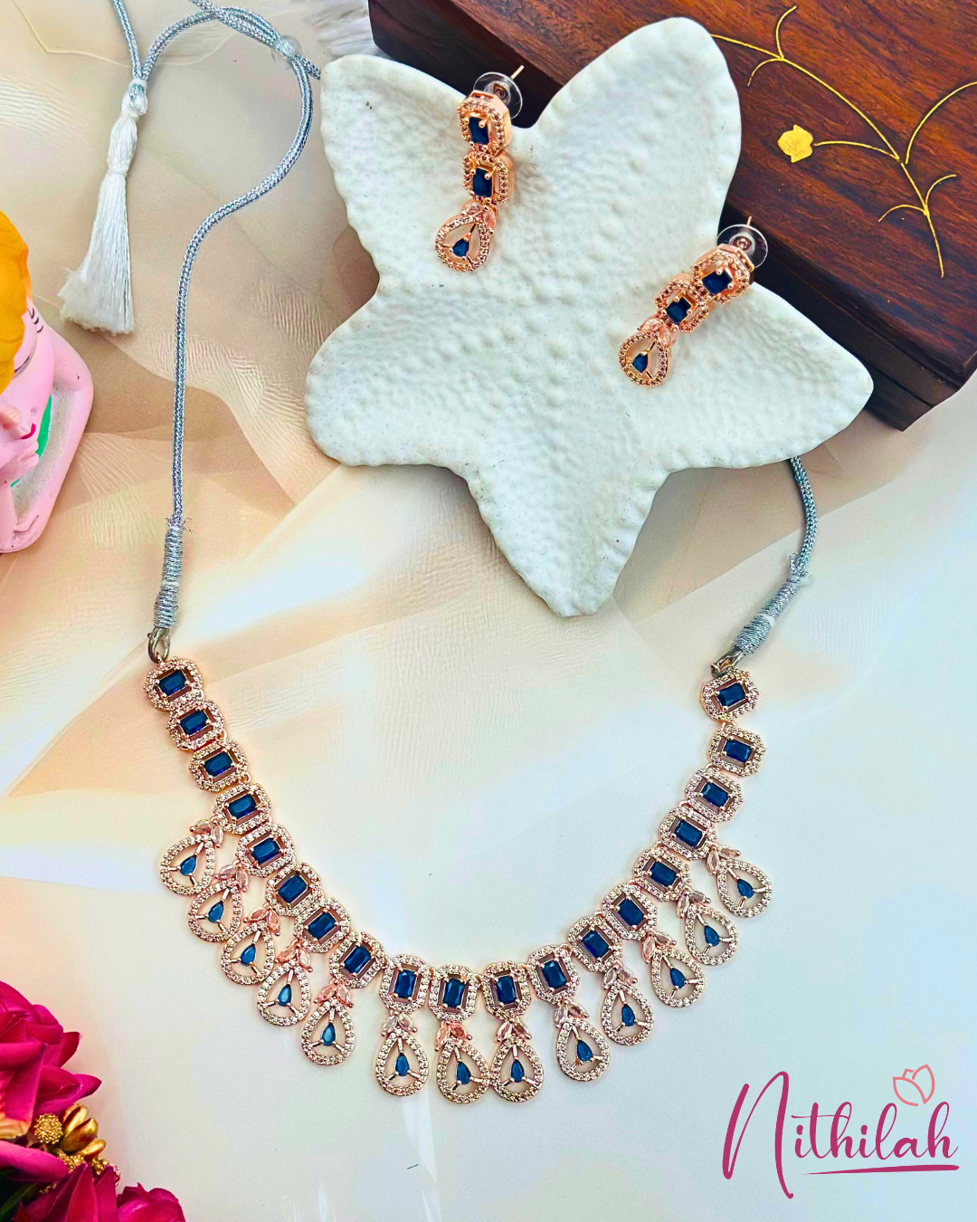 Rose Gold Finish Blue AD Necklace